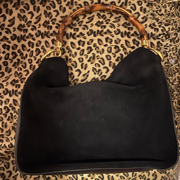 Gucci Italy 2-Way, Black Suede and Leather with Bamboo handle Handbag - Picture 3 of 8